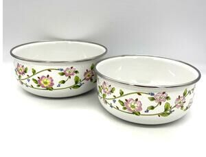 Vintage Floral Kobe Kitchen Set of 2 Metal Nesting Bowls Pink Green Vines Japan